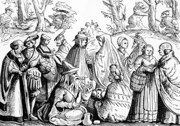 Gypsies fortune telling, after a woodcut in Sebastian Münster