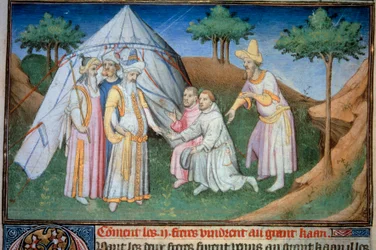 Brothers Nicolo and Matteo Polo, Father and Uncle of the Young Marco Polo, Received in the Court of the Grand Qubilai (Kubilai Khan, First Emperor of the Mongolian Yuan Dynasty). Miniature