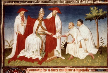 Brothers Nicolo and Matteo Polo, uncle and father of Marco Polo (1254-1324) handed to Pope Gregoire X a letter from Qubilai (Kubilai Khan, first emperor of the Mongolian Yuan dynasty (1215-1294). Miniature taken from The Book of Wonders