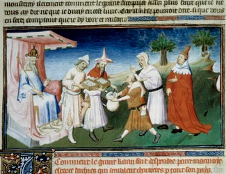 Qubilai (Kubilai Khan, first emperor of the Mongolian Yuan dynasty (1215-1294) pays for his purchases with miniature mulberry bark coins taken from Marco Polo