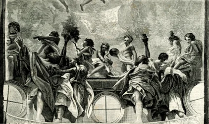 Assumption of Virgin, (detail) from fresco by Correggio, dome of Parma Cathedral, woodcut from Le cento citta d