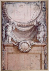 Two putti supporting a blank medallion