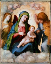 Virgin and Child Surrounded by Two Angels and Cherubins. Painting by Allegri Antonio dit Il Correggio