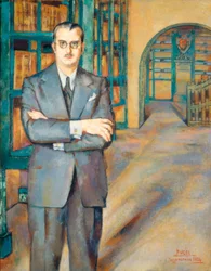 Portrait of the Notary in a Suite with Jacket, Tie and Glasses, in His Library with Shelves Full of Books