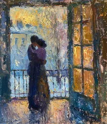 Impressionist oil painting of a couple in love
