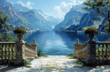 View of a lake & natural landscape from a balcony