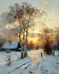 A house in the countryside at sunset in winter amidst the snow