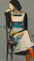 Abstract painting: a woman in a dress sitting