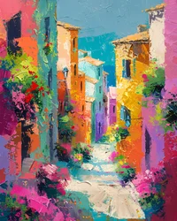 Abstract painting: colorful houses in a Mediterranean village street