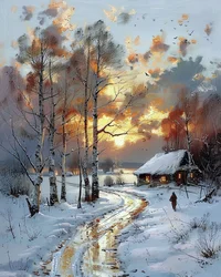 Sunset in a Natural View Next to a Wooden Cabin on a Snowy Day