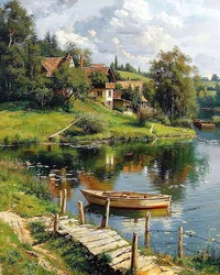 A Wooden Boat Moored Next to a River and a Traditional Village