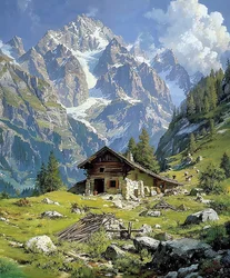 Log Cabin in the Swiss Alps in Spring