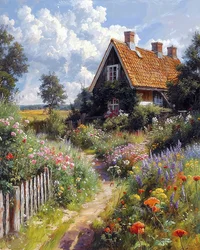 Pretty house, flower garden, botanical landscape