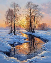 A lake in winter at sunset