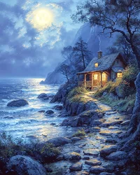 House on the edge of a lake under moonlight