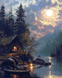 House by a lake painted in the moonlight