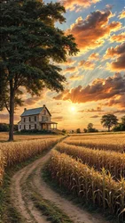 A Country House on a Dirt Road, Surrounded by a Cornfield