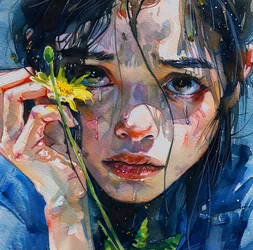 A Girl Caresses a Yellow Flower