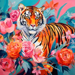 Abstract painting Peony Rose & tiger, vivid color