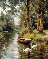 Geese swim in a stream of water between trees