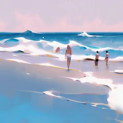 People on the Beach Minimalist Watercolor with Waves
