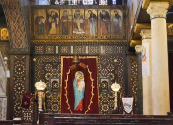 Interior of The Hanging Church in Old Cairo, historic Coptic Orthodox church with icons and wooden iconostasis