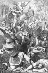 Cheruscan chief Arminius at the Battle of Teutoburg opposing the Romans against the Germans in 9 AD