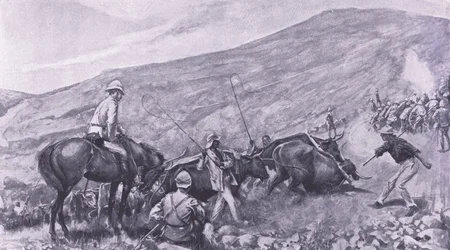 Transport difficulties at Barberton: How the guns and wagons were got up the mountains (illustration from After Pretoria: The Guerilla War, 1902)