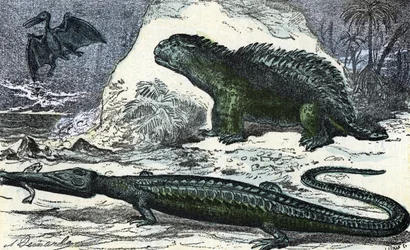 Prehistory: representation of a teleosaur and a hyleosaur from the Jurassic period. Engraving from Nature and Man by Rengade 1881
