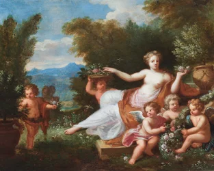 Flora Reclining in a Landscape with Putti Bringing Flowers