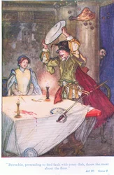 Pettruchio, pretending to find fault with every dish, threw the meat about the floor (The Taming of the Shrew)