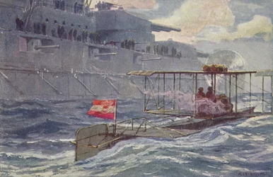 Austro-Hungarian Seaplane Passing a Battleship, World War I