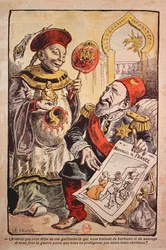 Cartoon indicting the hypocrisy and double standards of Western Europe in their criticism and behaviour towards China and the Ottoman Empire