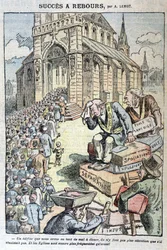 Countdown success: schools without god, robbery, evictions, separation... And churches are even more crowded than before! - Cartoon against anticlericalism by Lemot, in Le Pelerin of 11/04/1909