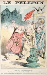 Sus aux congregations, cartoon from Le Pelerin
