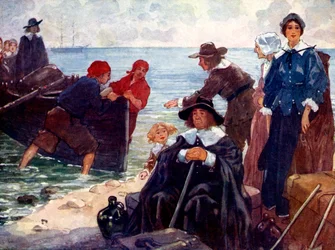 A band of exiles moored their bark on the wild New England shore, 1620, 1905.