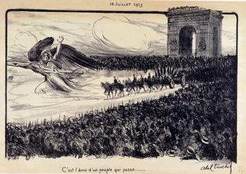 First World War: “It is the soul of a passing people”. Celebration of 14/07/1915. The allegory of the Republic guiding the people before the Arc de Triomphe in Paris. Drawing by Abel Truchet (1857-1918)
