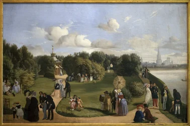 View of La Rochelle (garden of the Marie-Thérèse baths). Bourgeois figures in a park: couple chatting on a bench, men greeting ladies, child playing with a hoop. Painting by Alexandre Abel de Pujol (1785-1861)