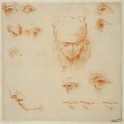 Head of an Old Woman, and Studies of Eyes and Mouths