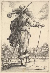 A Gentleman, Seen from Behind, Walking Towards the Right with a Cane and Wearing a Plumed... (detail)