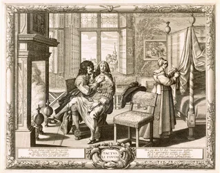 Husband with Wife Seated on Knee by Fireplace, Bosse, Abraham