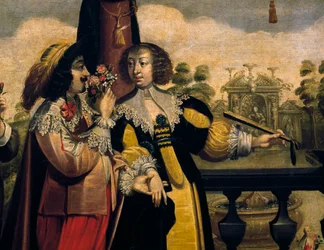 The sense of smell, ca 1635, by Abraham Bosse, after a painting from a series of 5 by unknown artist (detail)