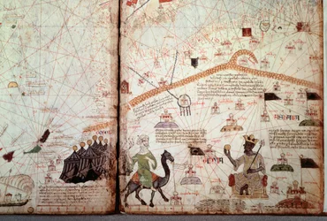 The Strait of Gibraltar and North Africa marked with the flags of the Moors; to the right, the King of Mali Kanga Moussa (Kankou Moussa, or Kankan Moussa or Mansa Moussa), showing the Golden Globe. Detail of the Catalan Atlas (Catalan map), illuminated by