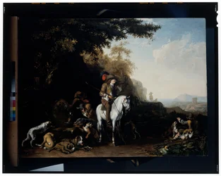 An Extensive Landscape with a Hunting Party Resting by a Water Trough and a Sportsman Shooting