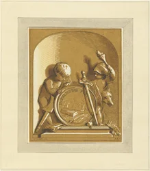 Putti Standing by Medallion with Tomb, in Niche