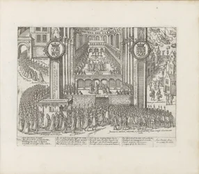 View of the exterior of Westminster Abbey during the coronation of James I, 1603-1604.