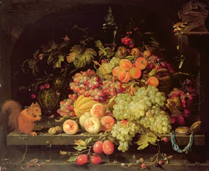 Still Life with Fruit, Squirrel and Goldfinch