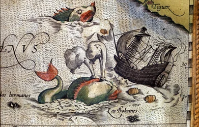 A whale attacks a ship. Plate from an edition of “Theatrum Orbis Terrarum” by cartographer Abraham Ortelius (1527-1598)
