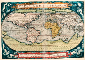 Earth Map (World Map), geographical map from “Theatrum Orbis Terrarum” by Abraham Ortelius (1527-1598)
