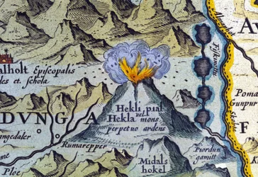 Hekla volcano in Iceland. Atlas of Abraham Ortelius, Amsterdam 1588.